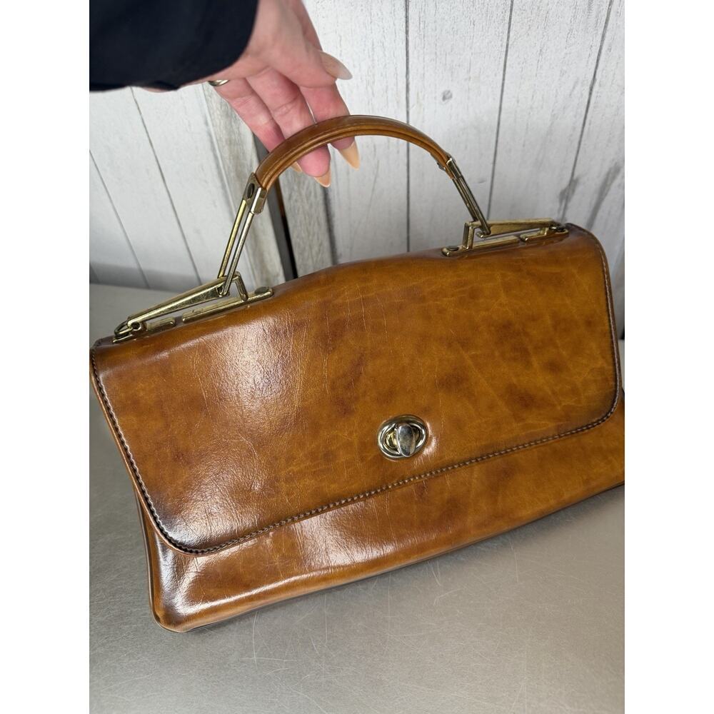 Vintage Turnlock Faux Leather Top Handle Bag Cognac Brown Classic 60s 70s